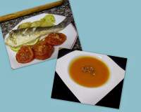   Crema de calabaza asada y zanahoria con virutas de jamón // Lubina al horno con verduras
