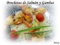   Brochetas de Salmón y Gambas con Muselina de Ajos