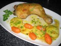   Muslos de pollo con verduras torneadas