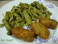   HABAS CON VAINA ENCEBOLLADAS Y CROQUETAS DE LENTEJAS CON ARROZ 