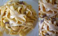   Tagliatelle con roquefort y pasas corinto