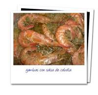   Gambas con salsa de cebolla