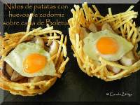   Nidos de patatas con huevos de codorniz sobre cama de Boletus