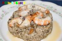   Risotto de algas nori en copos con gambas al ajillo