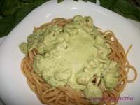   SPAGHETTIS INTEGRALES CON CREMA DE ALBAHACA Y GAMBAS