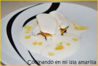 Milhojas de pera y mango, con crema de yoghurt