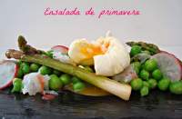   Ensalada templada de primavera con guisantes, huevo poché, bacalao y vinagreta de frambuesa