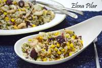 Mi Recetario por Elena Pilar: Ensalada de arroz tricolor (con pasas, anacardos, aguacate, gambas y   frambuesas!!
